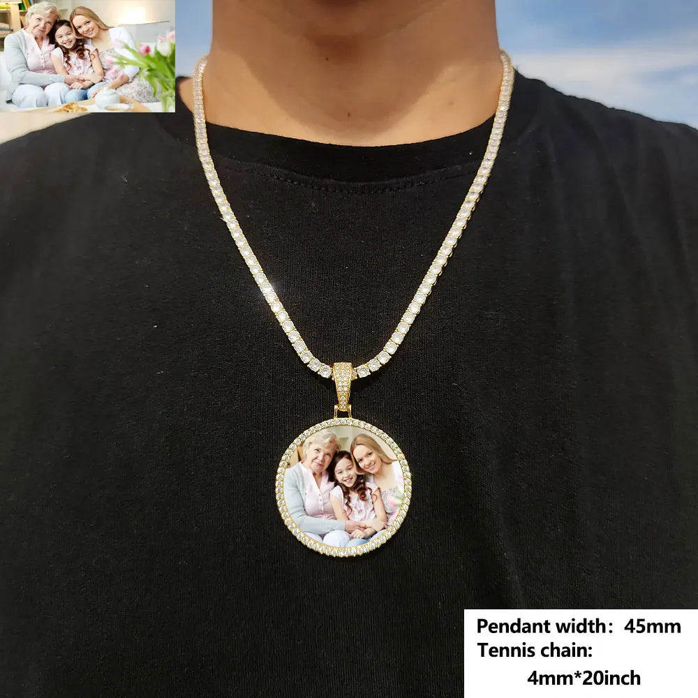 Custom Picture Necklace for Men Women Personalized Round Photo Tag Pendant with Rope/Cuban/Tennis 18-24inch Chain