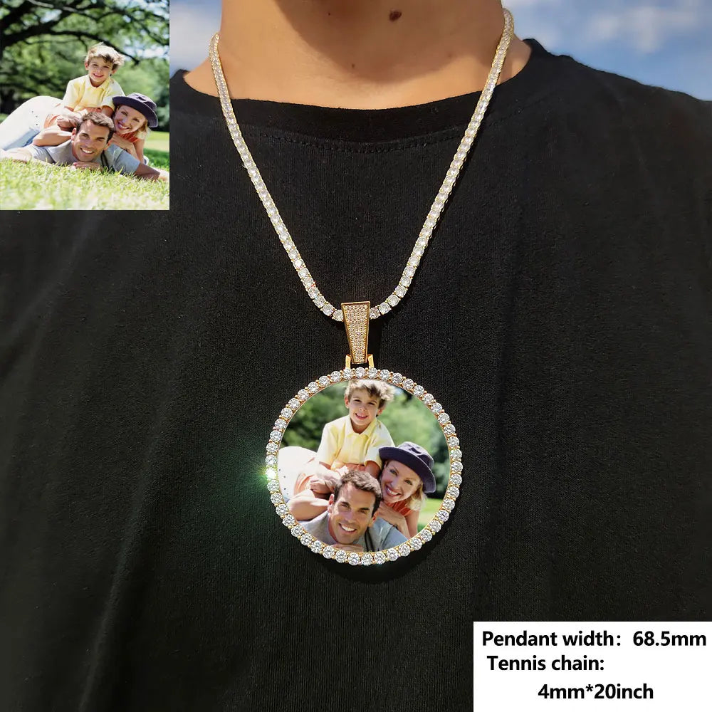Custom Picture Necklace for Men Women Personalized Round Photo Tag Pendant with Rope/Cuban/Tennis 18-24inch Chain