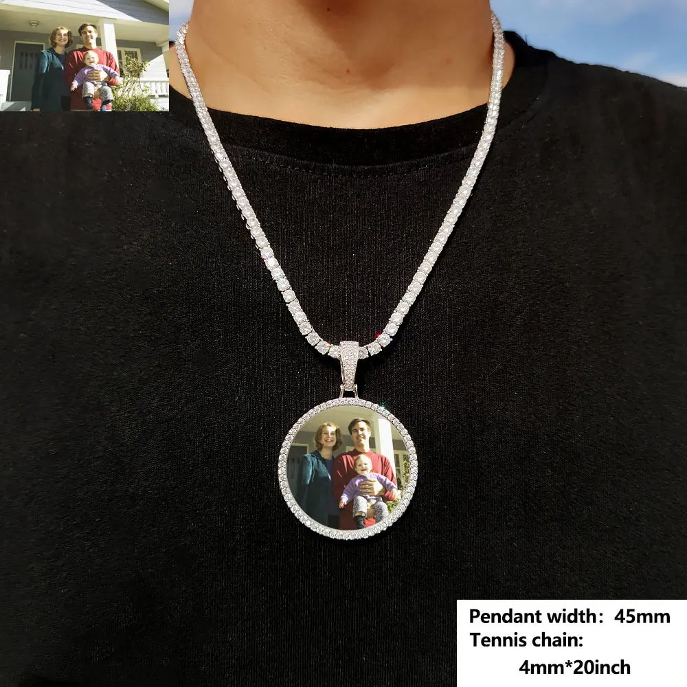 Custom Picture Necklace for Men Women Personalized Round Photo Tag Pendant with Rope/Cuban/Tennis 18-24inch Chain