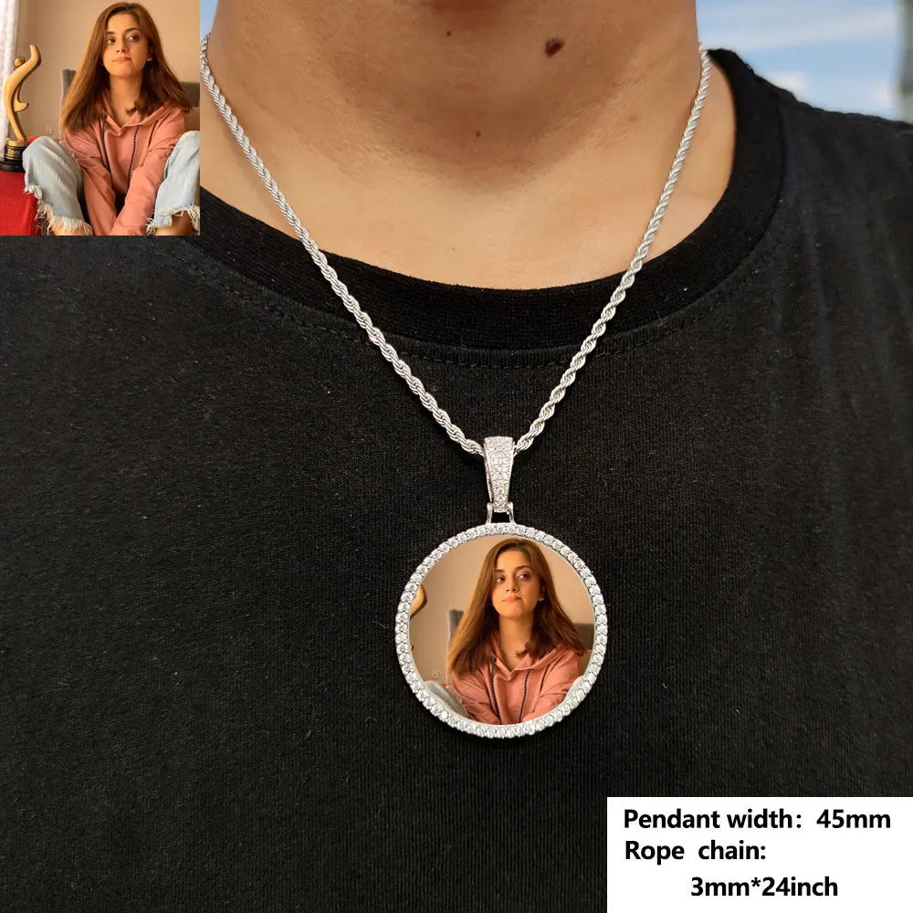 Custom Picture Necklace for Men Women Personalized Round Photo Tag Pendant with Rope/Cuban/Tennis 18-24inch Chain