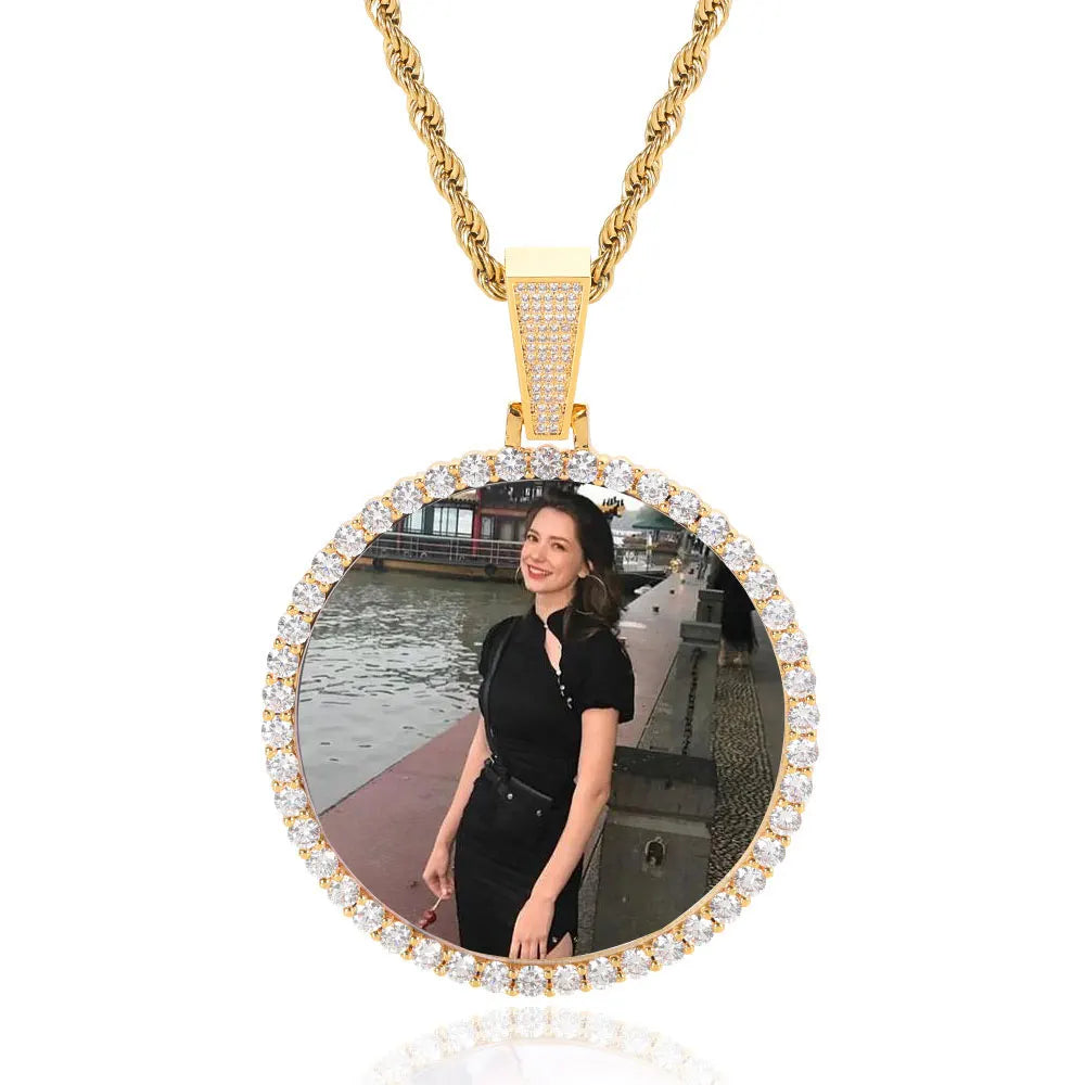 Custom Picture Necklace for Men Women Personalized Round Photo Tag Pendant with Rope/Cuban/Tennis 18-24inch Chain