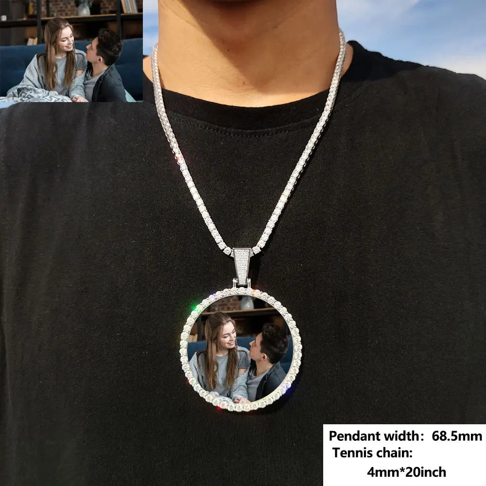 Custom Picture Necklace for Men Women Personalized Round Photo Tag Pendant with Rope/Cuban/Tennis 18-24inch Chain