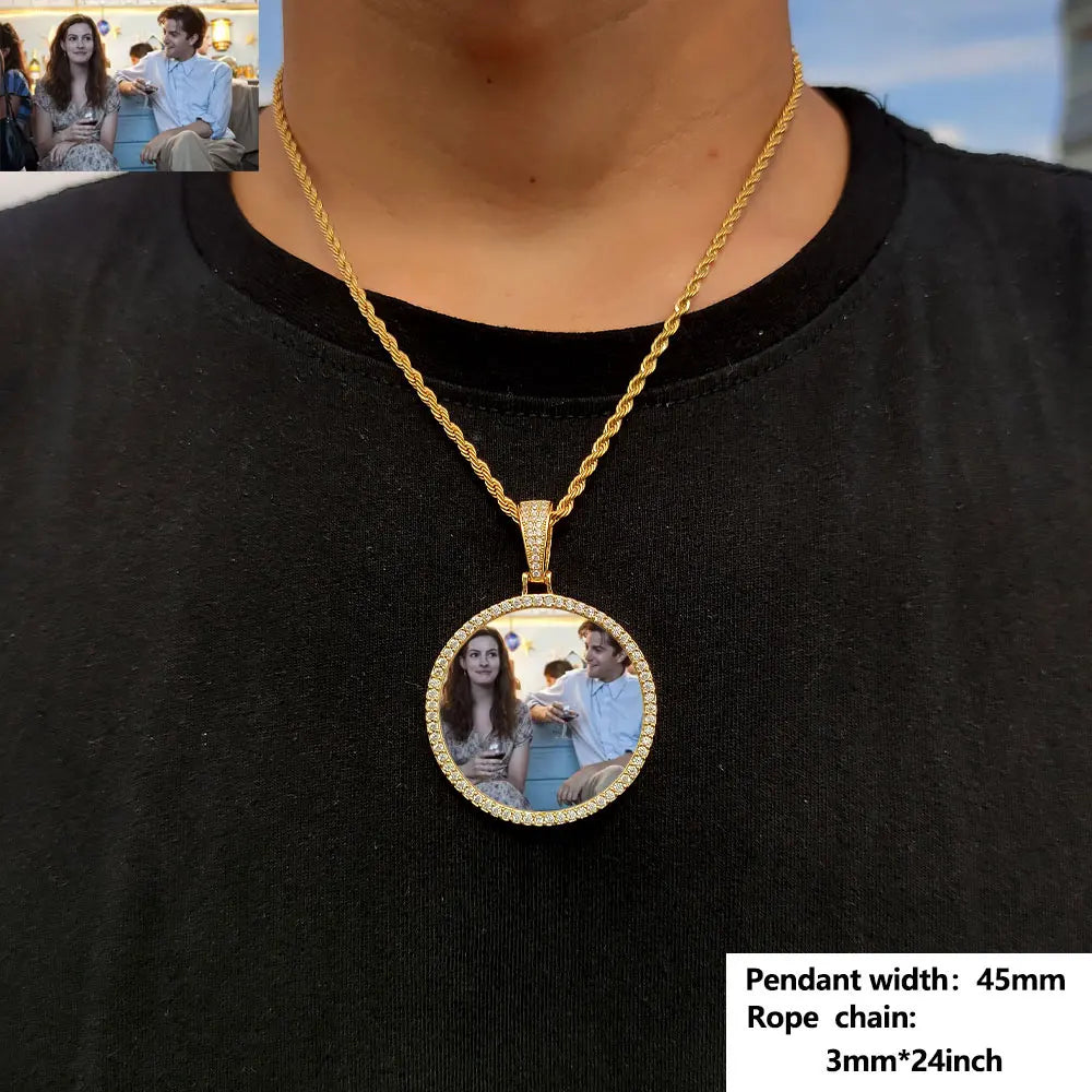 Custom Picture Necklace for Men Women Personalized Round Photo Tag Pendant with Rope/Cuban/Tennis 18-24inch Chain